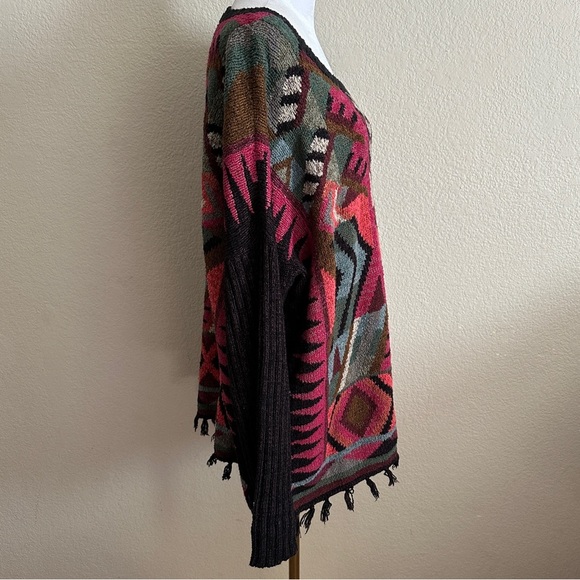 PERUVIAN CONNECTION Wool Serenata Pullover Fringe in Magenta Coral Sage Sz. XL - Picture 4 of 13